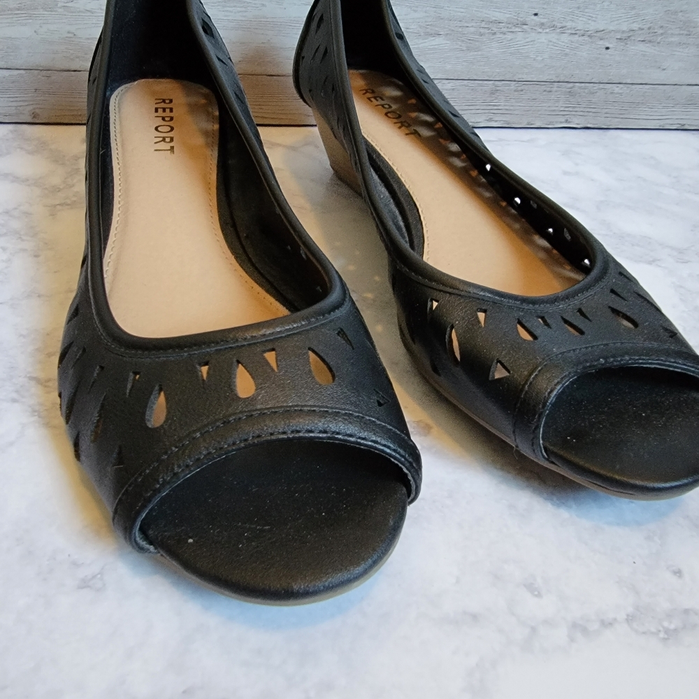Report Black Faux Leather Perforated Wedge Heels